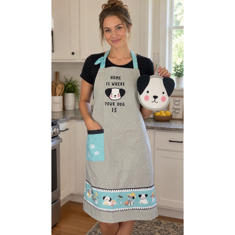 Kay Dee Designs Dog Apron Pocket Mitt Set NWT Gray Aqua Puppy Kitchen